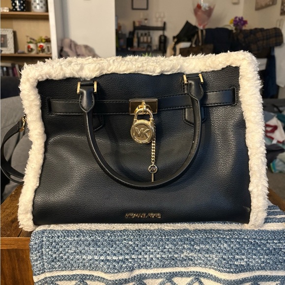 Michael Kors Handbags - Michael Kors Hamilton Fur Lock Key Leather Medium Satchel